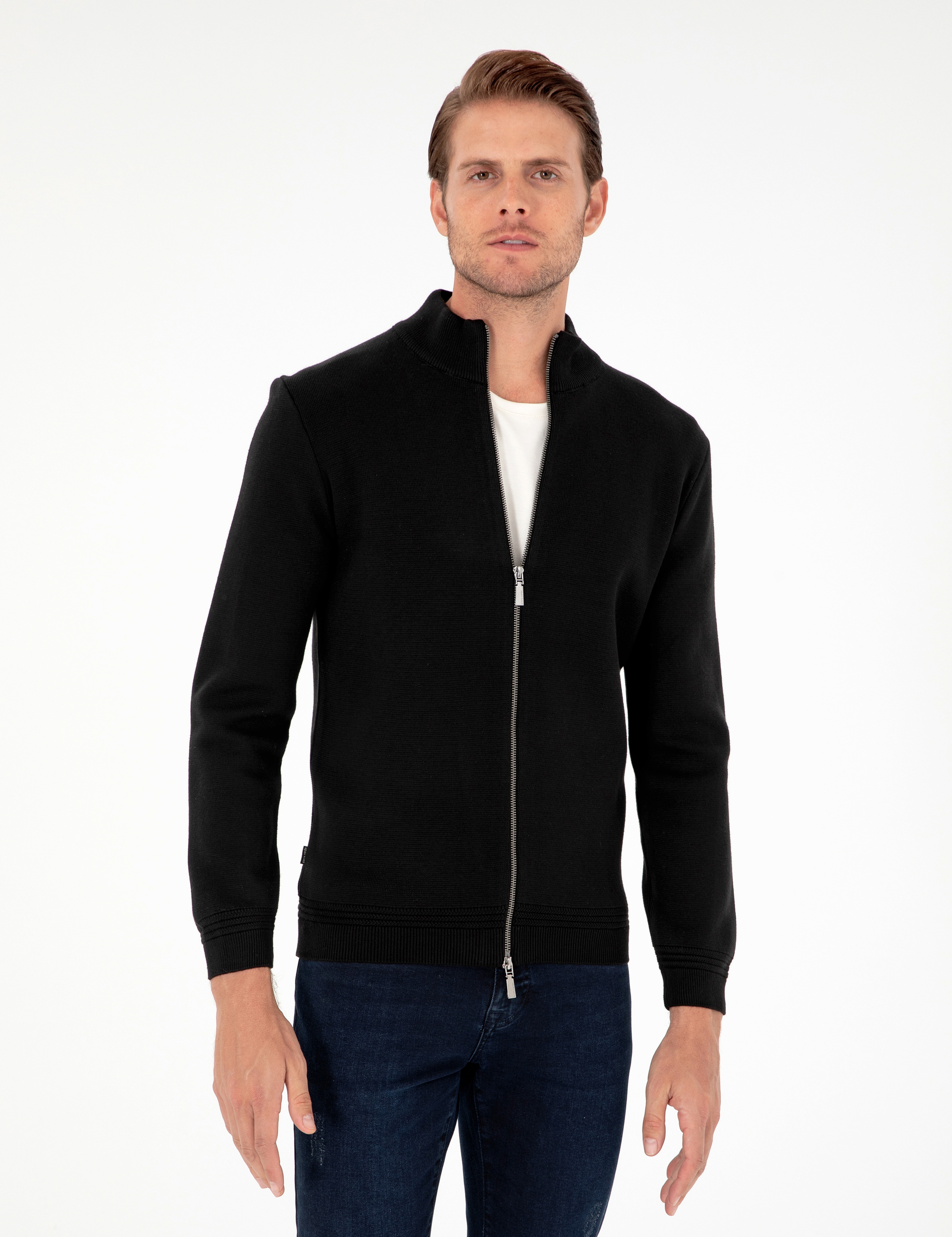 Siyah Regular Fit Fermuarlı Triko Hırka - Image 1