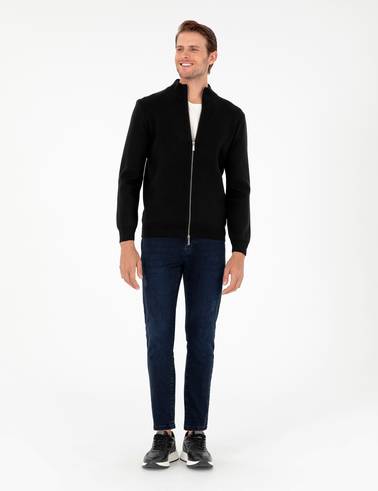 Siyah Regular Fit Fermuarlı Triko Hırka