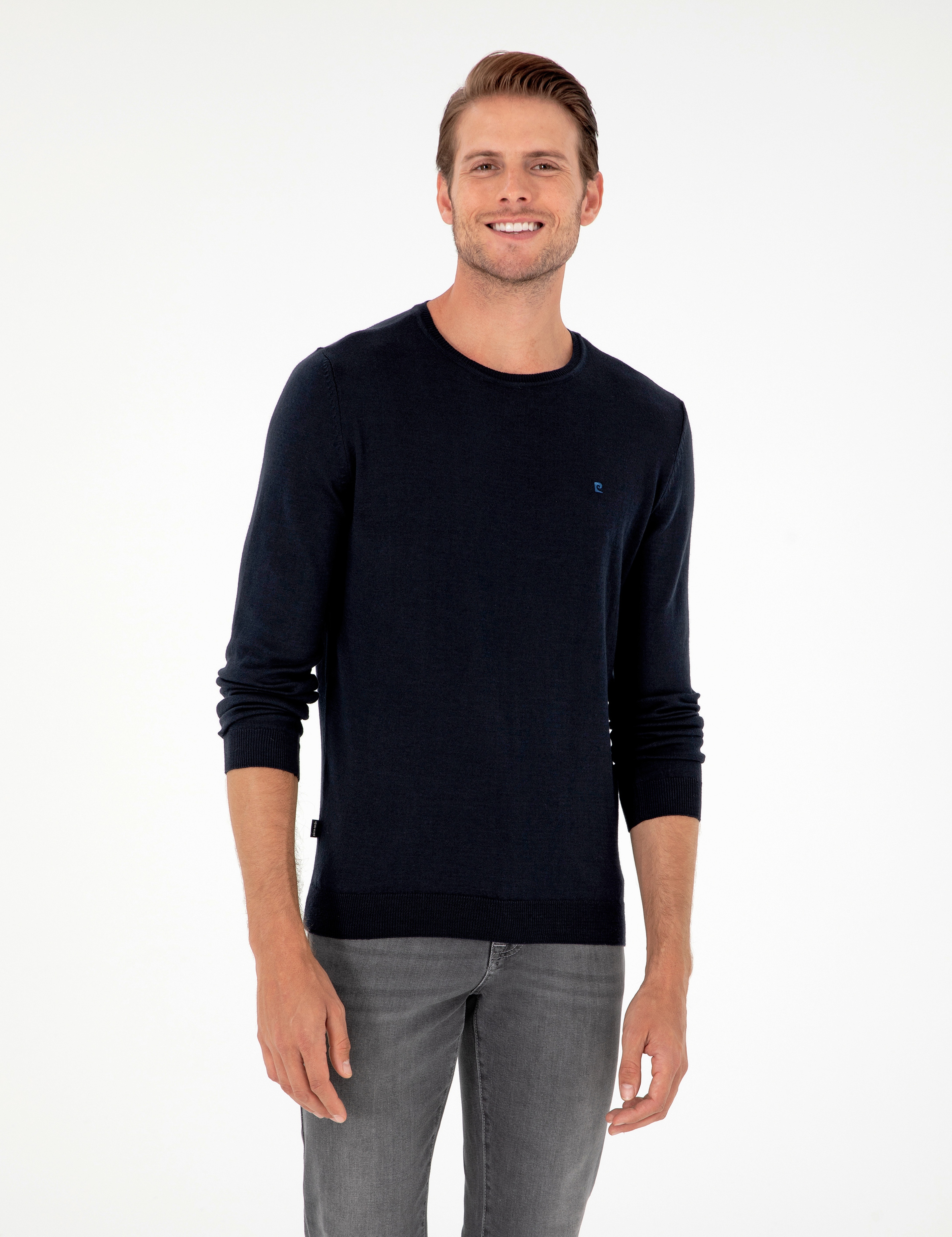 Lacivert Slim Fit Bisiklet Yaka Basic Triko Kazak - Image 1