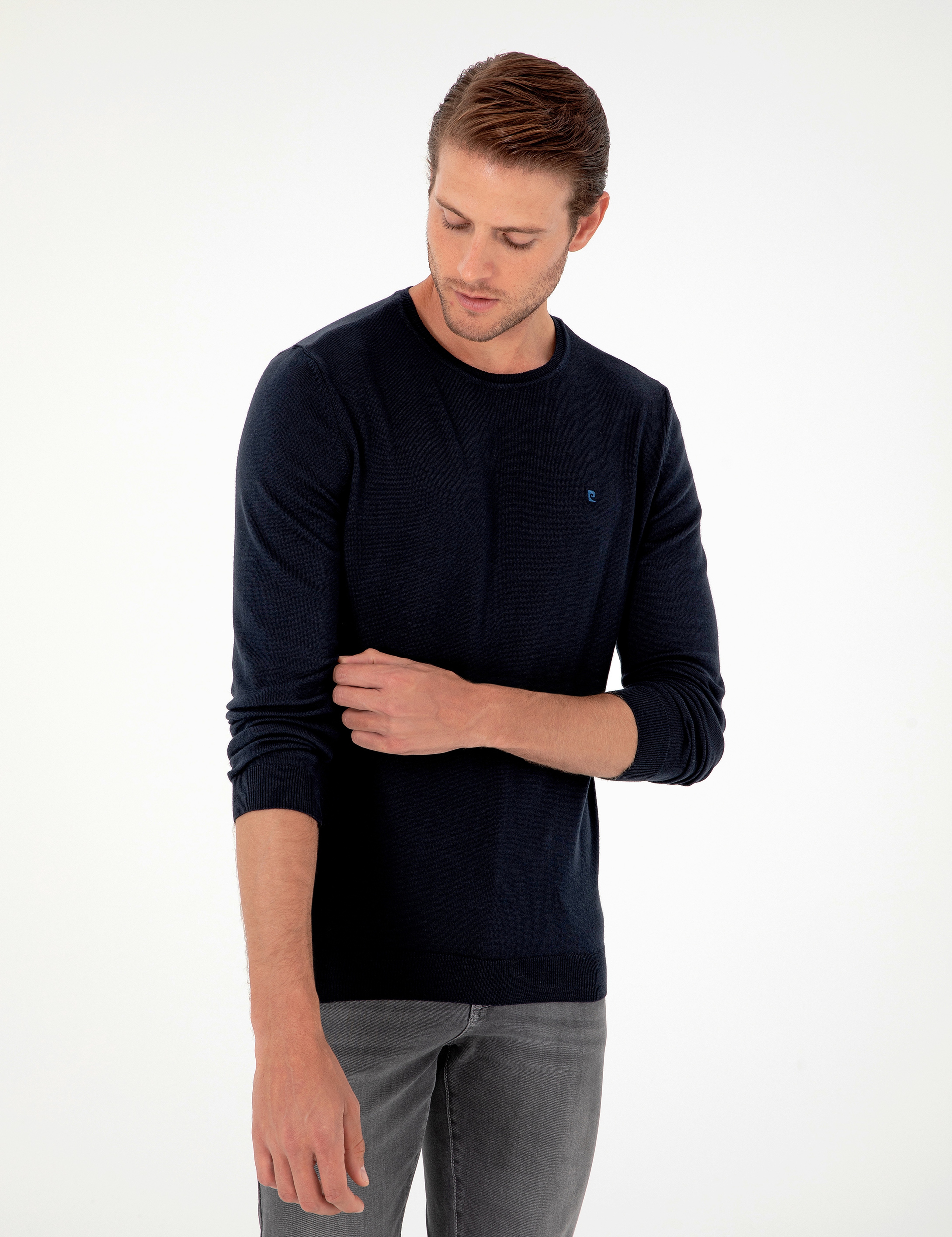 Lacivert Slim Fit Bisiklet Yaka Basic Triko Kazak - Image 3