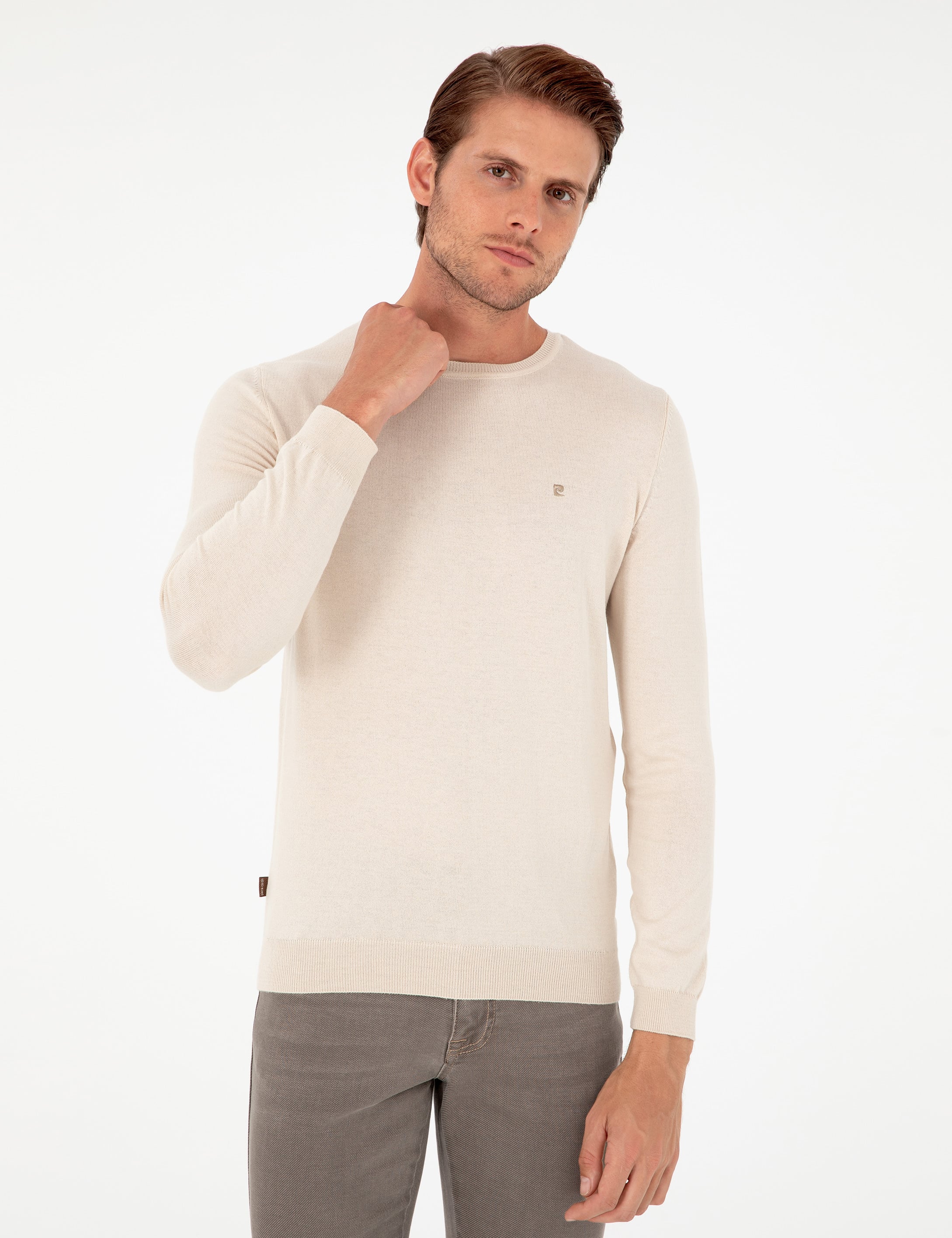 Bej Slim Fit Bisiklet Yaka Basic Triko Kazak