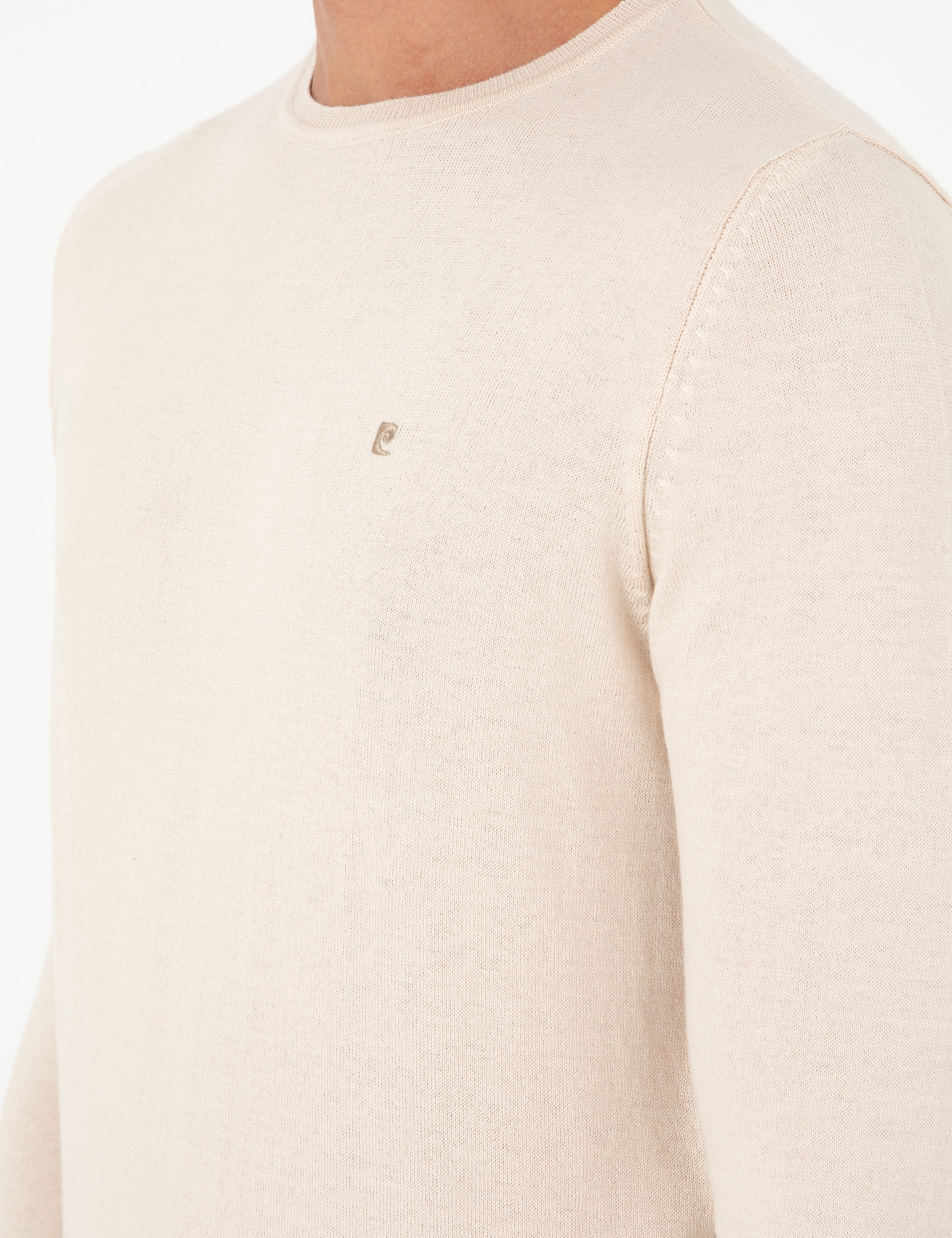 Bej Slim Fit Bisiklet Yaka Basic Triko Kazak