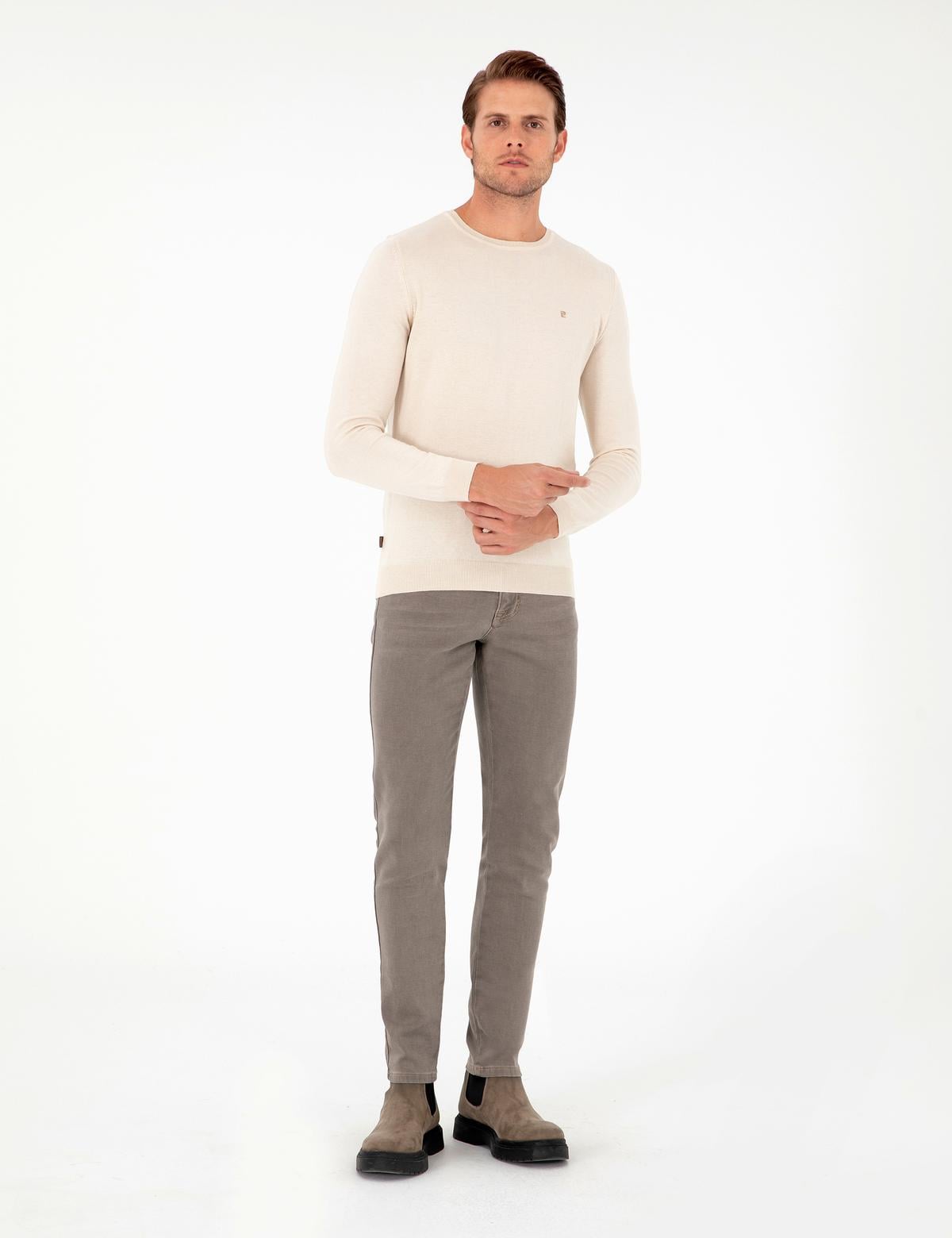 Bej Slim Fit Bisiklet Yaka Basic Triko Kazak - 50296621001