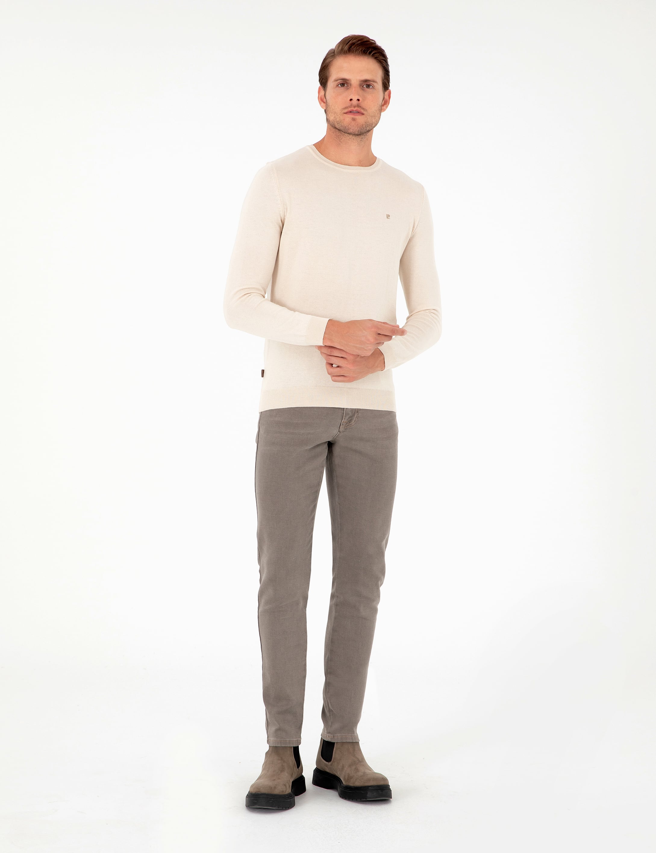 Bej Slim Fit Bisiklet Yaka Basic Triko Kazak