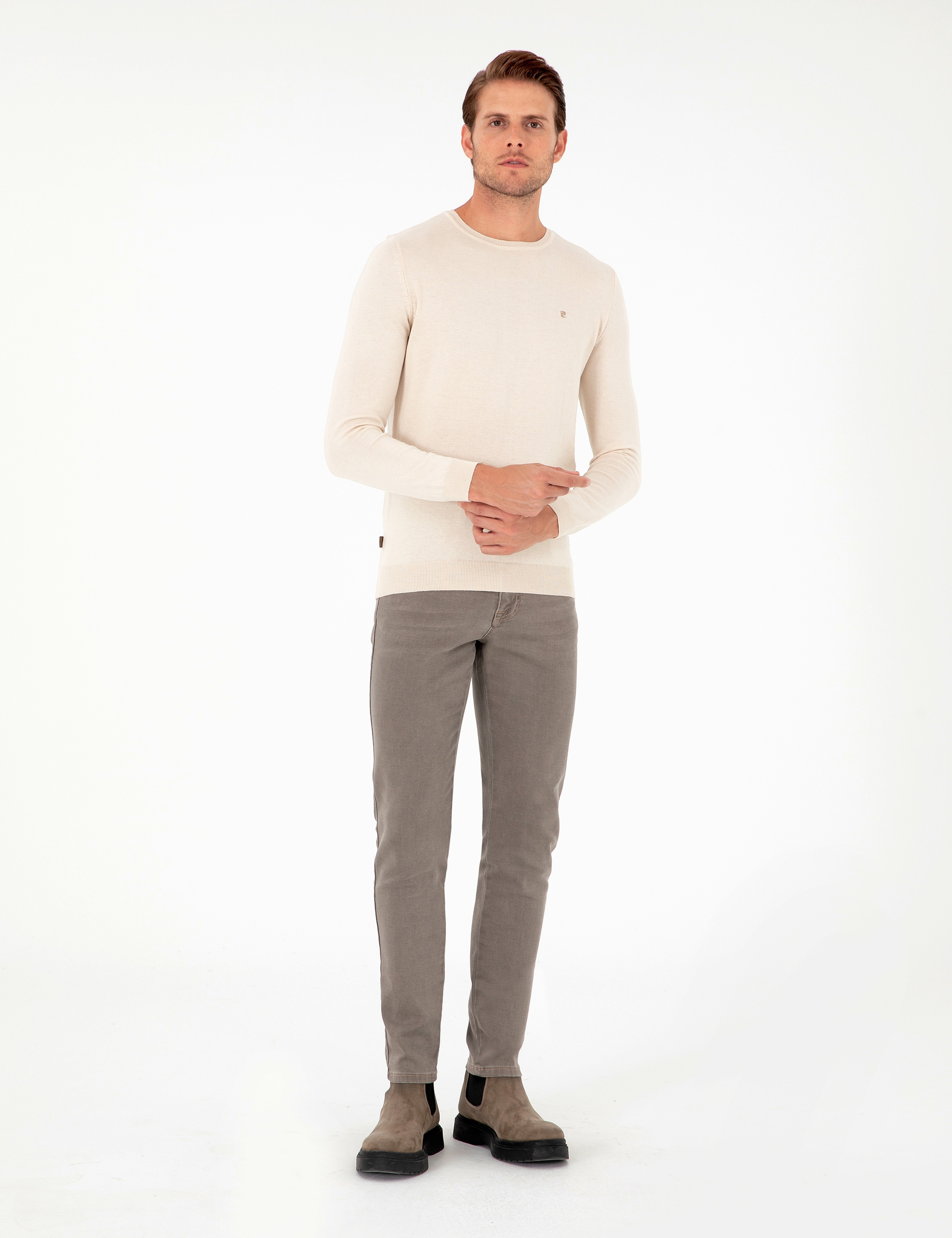 Bej Slim Fit Bisiklet Yaka Basic Triko Kazak - Image 4