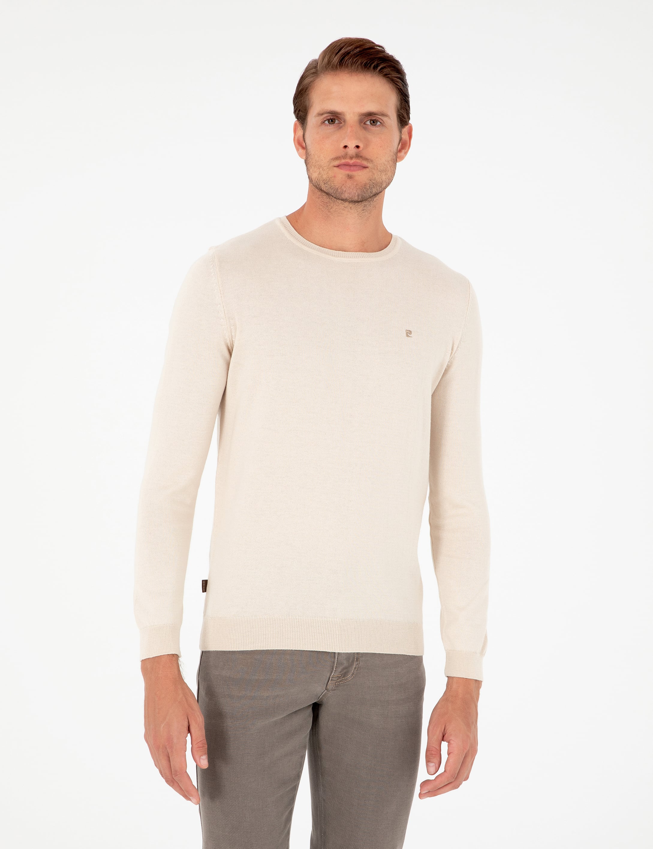 Bej Slim Fit Bisiklet Yaka Basic Triko Kazak