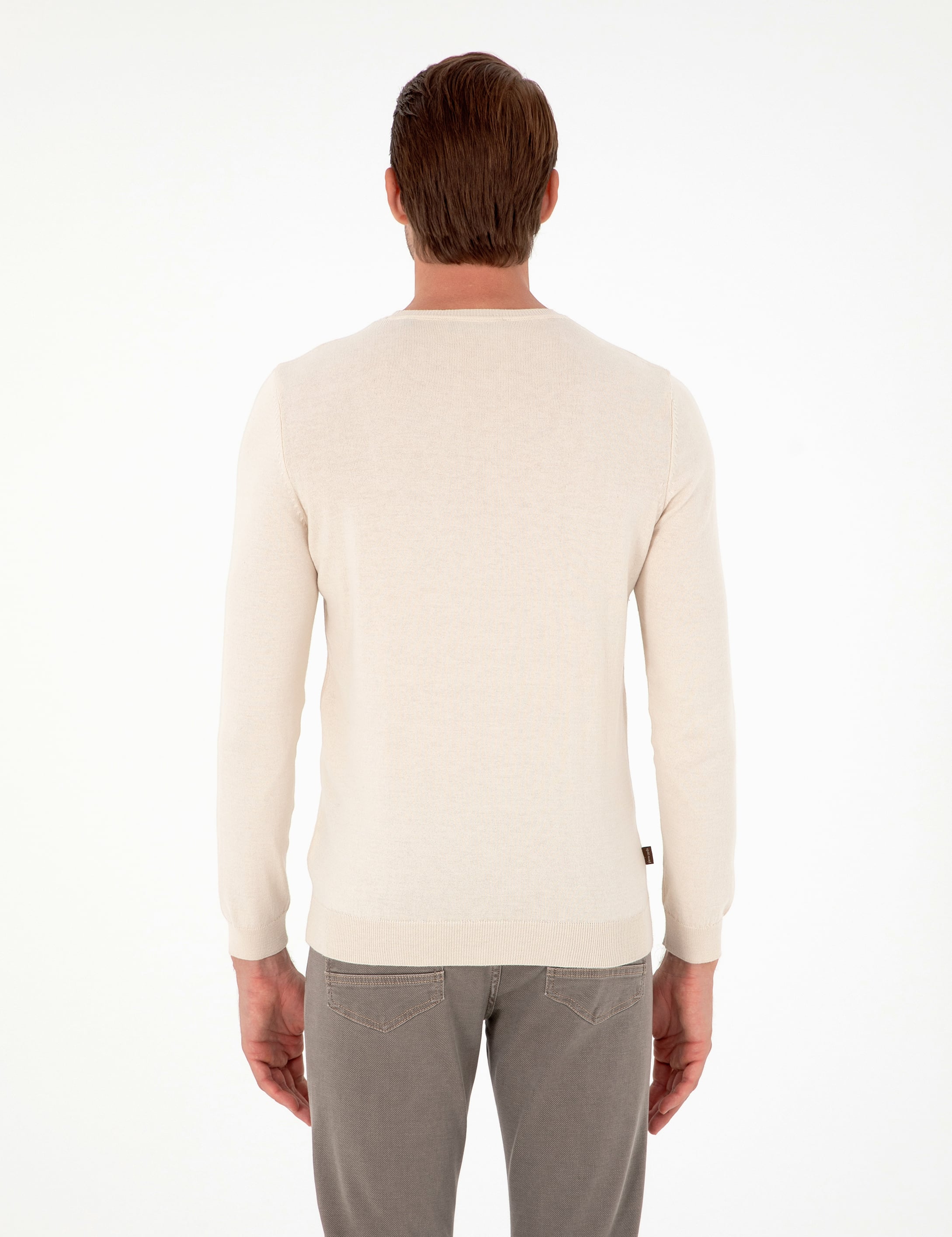 Bej Slim Fit Bisiklet Yaka Basic Triko Kazak