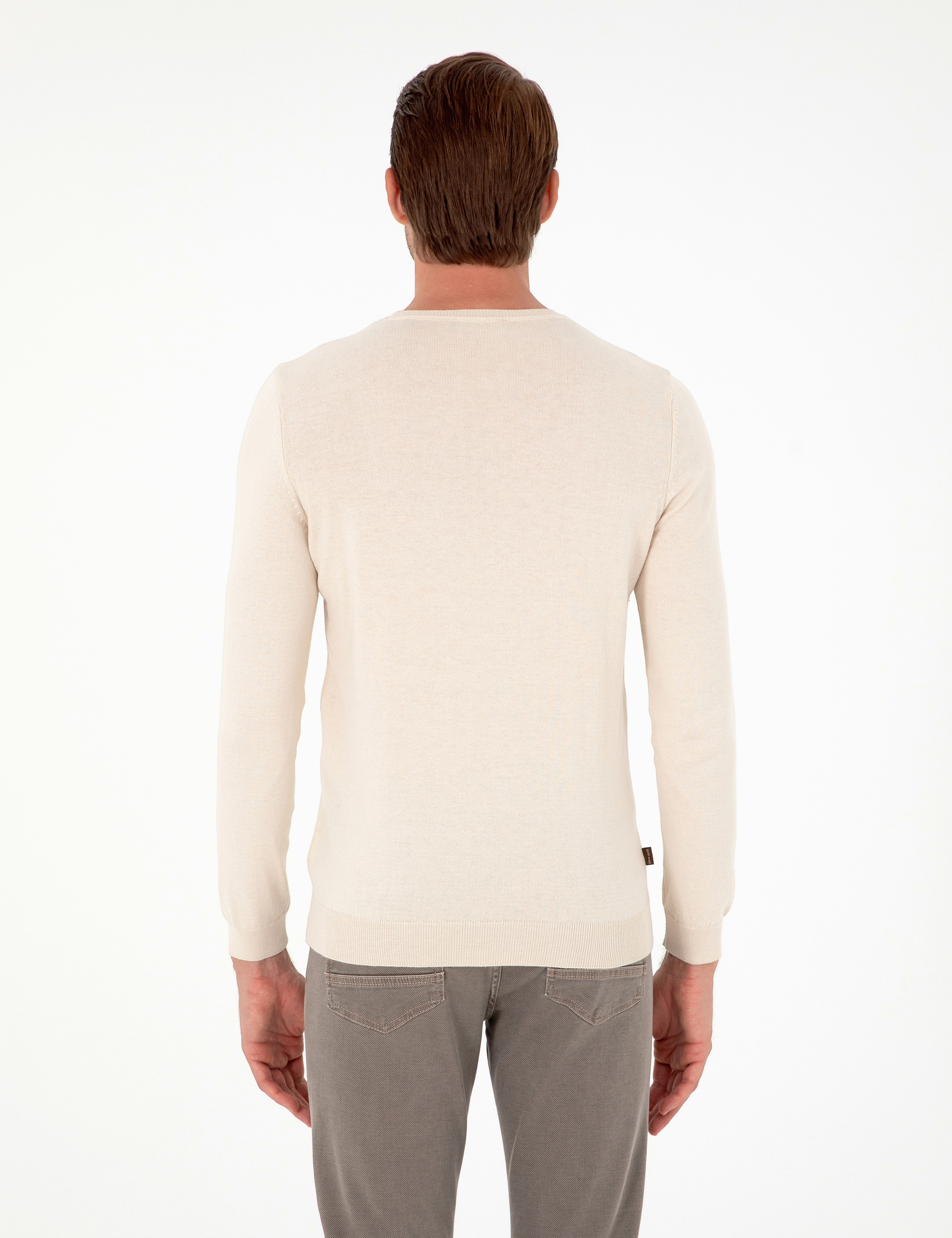 Bej Slim Fit Bisiklet Yaka Basic Triko Kazak