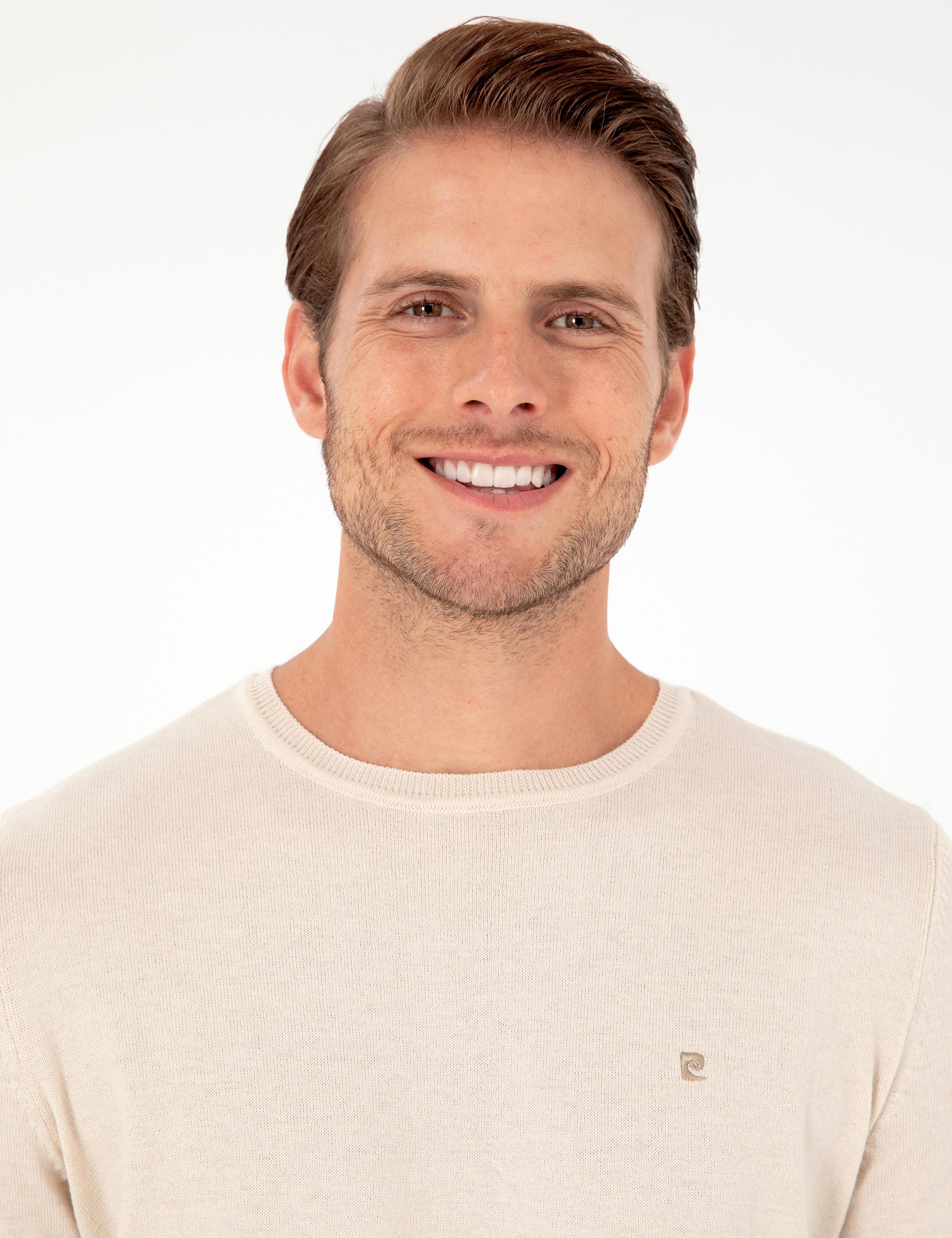 Bej Slim Fit Bisiklet Yaka Basic Triko Kazak