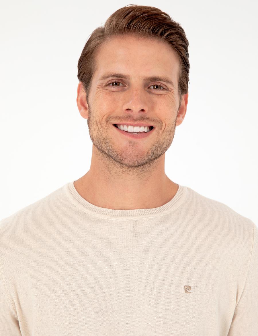 Bej Slim Fit Bisiklet Yaka Basic Triko Kazak