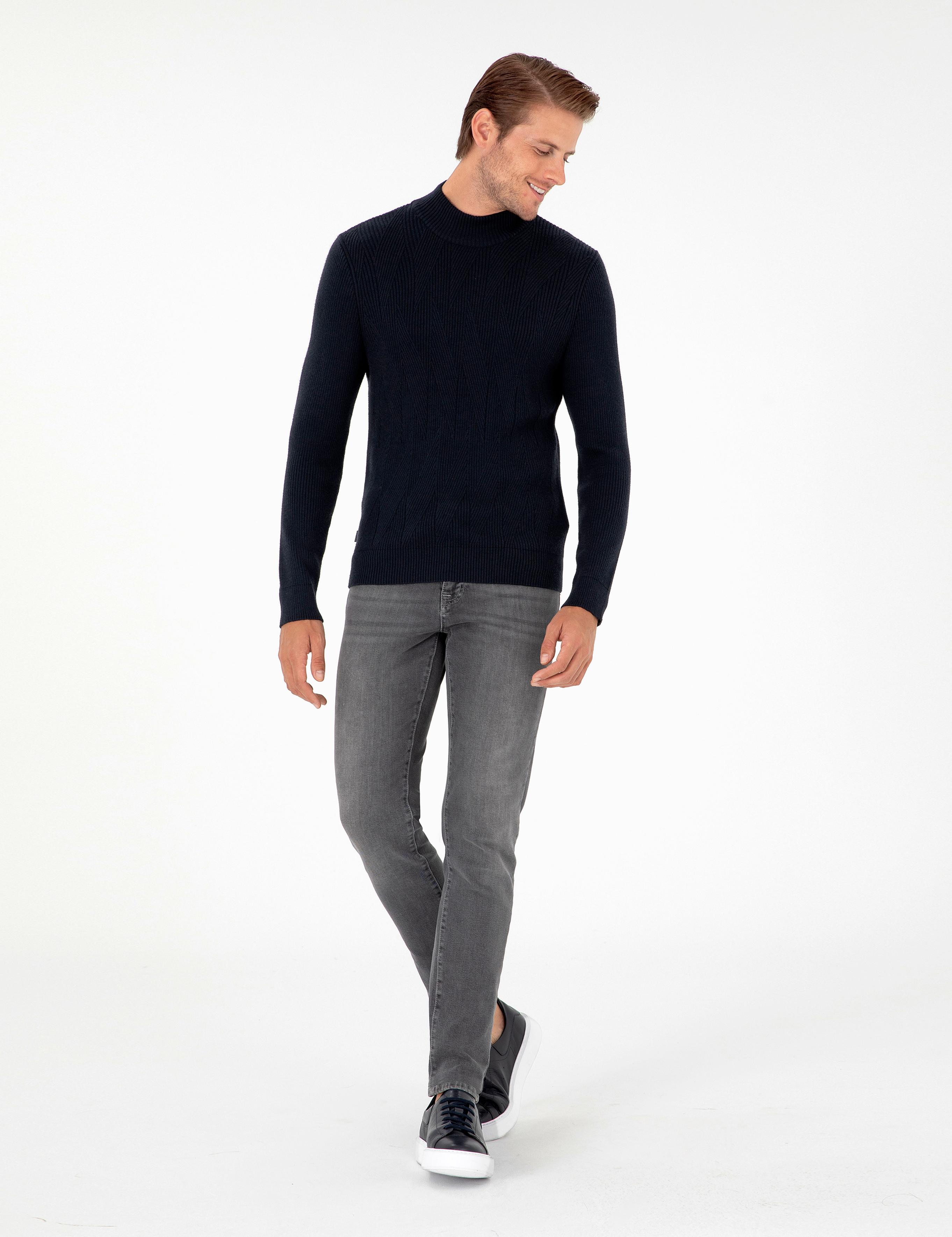 Lacivert Slim Fit Yarım Balıkçı Yaka Yün Karışımlı Triko Kazak