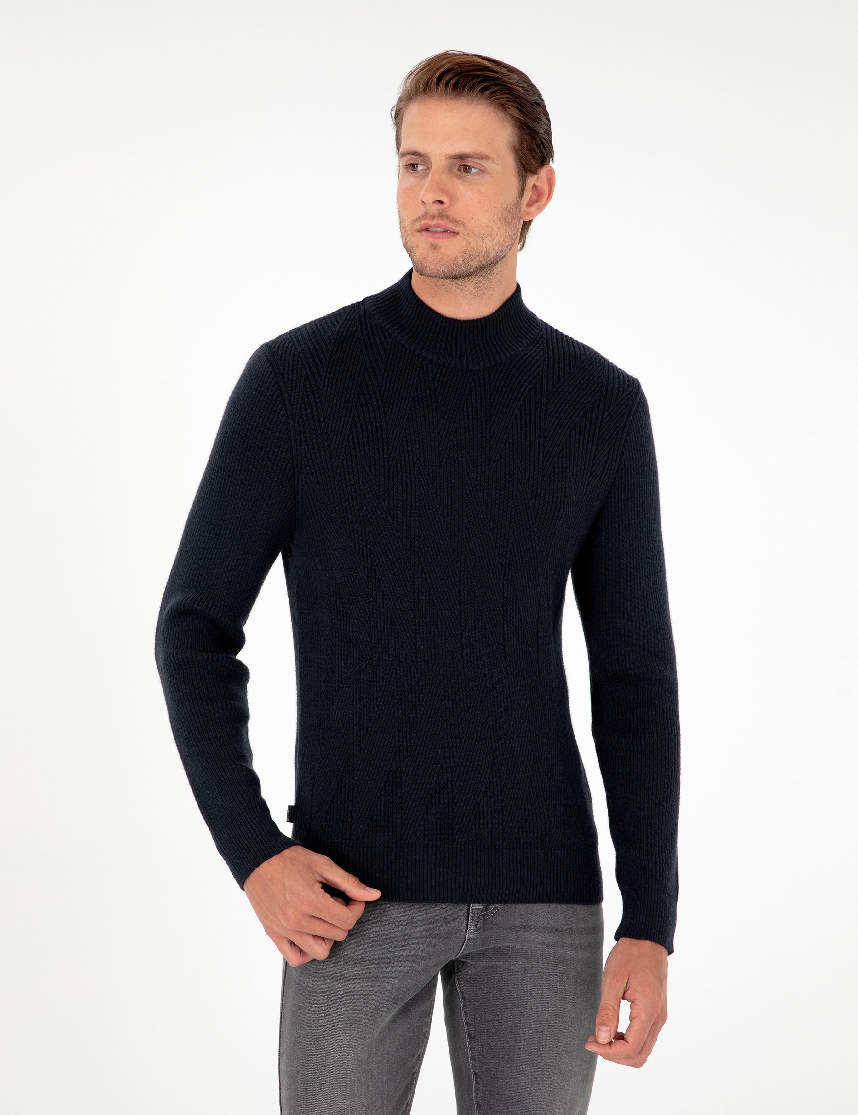 Lacivert Slim Fit Yarım Balıkçı Yaka Yün Karışımlı Triko Kazak