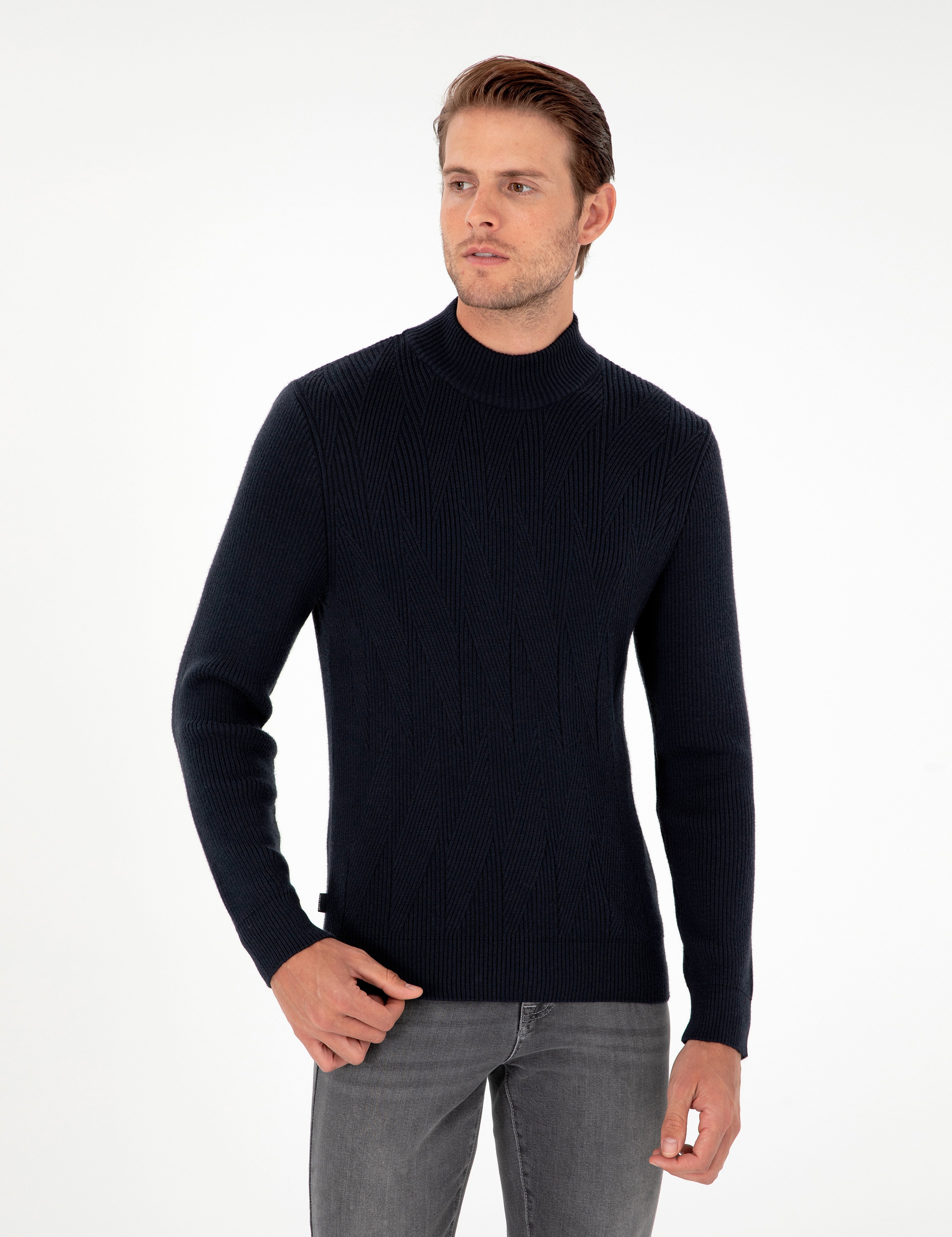 Lacivert Slim Fit Yarım Balıkçı Yaka Triko Kazak - Image 3