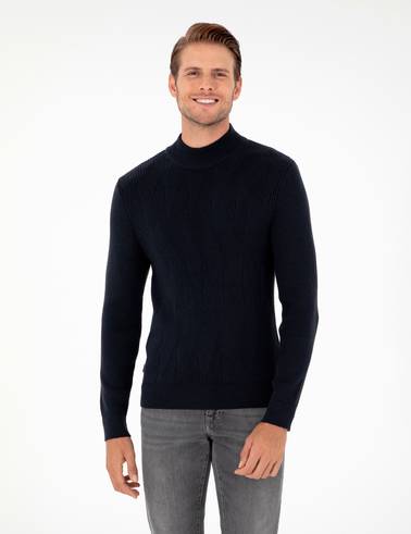 Lacivert Slim Fit Yarım Balıkçı Yaka Triko Kazak