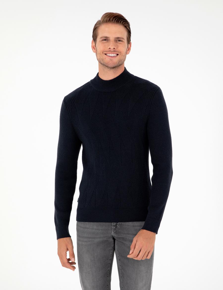 Lacivert Slim Fit Yarım Balıkçı Yaka Yün Karışımlı Triko Kazak