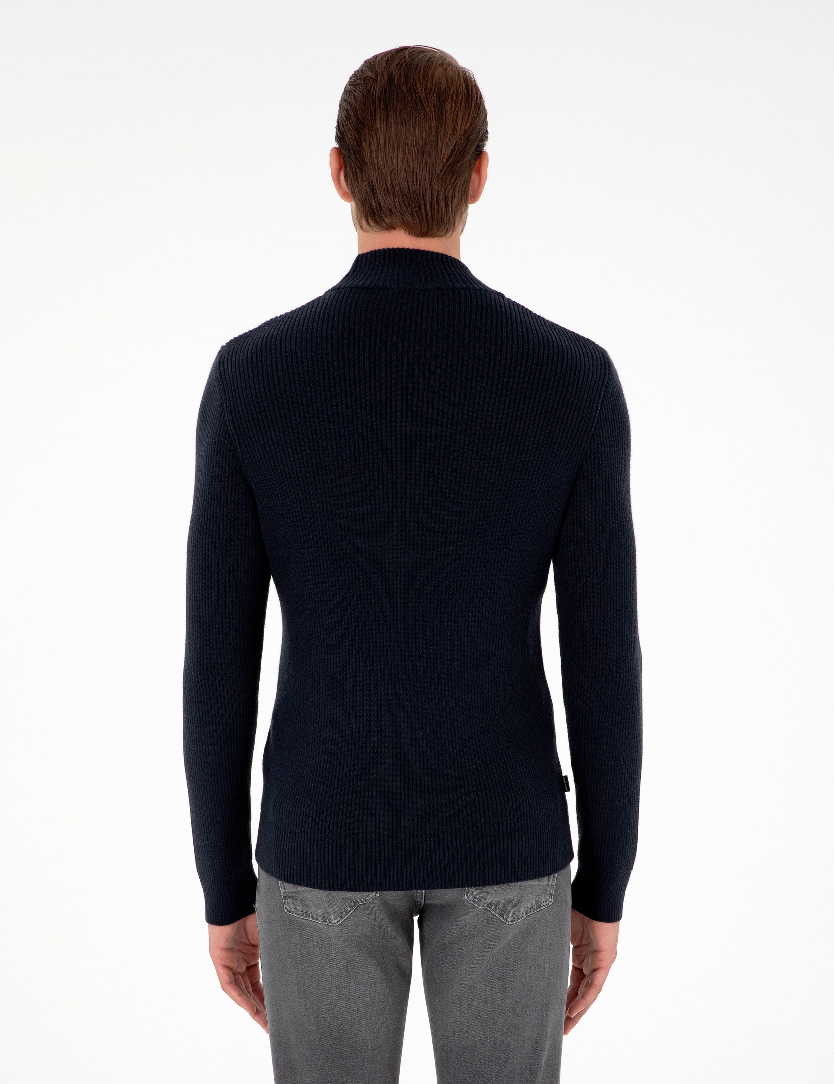 Lacivert Slim Fit Yarım Balıkçı Yaka Yün Karışımlı Triko Kazak