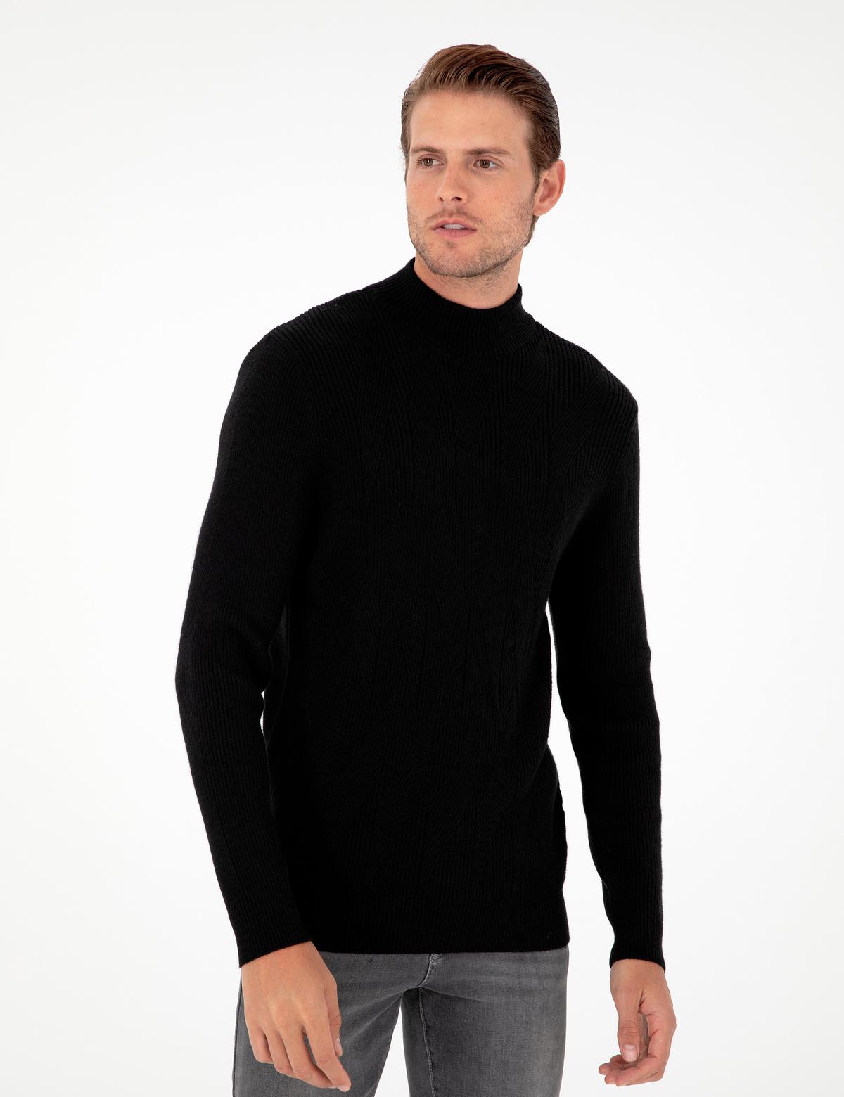 Siyah Slim Fit Yarım Balıkçı Yaka Yün Karışımlı Triko Kazak - 50296462028