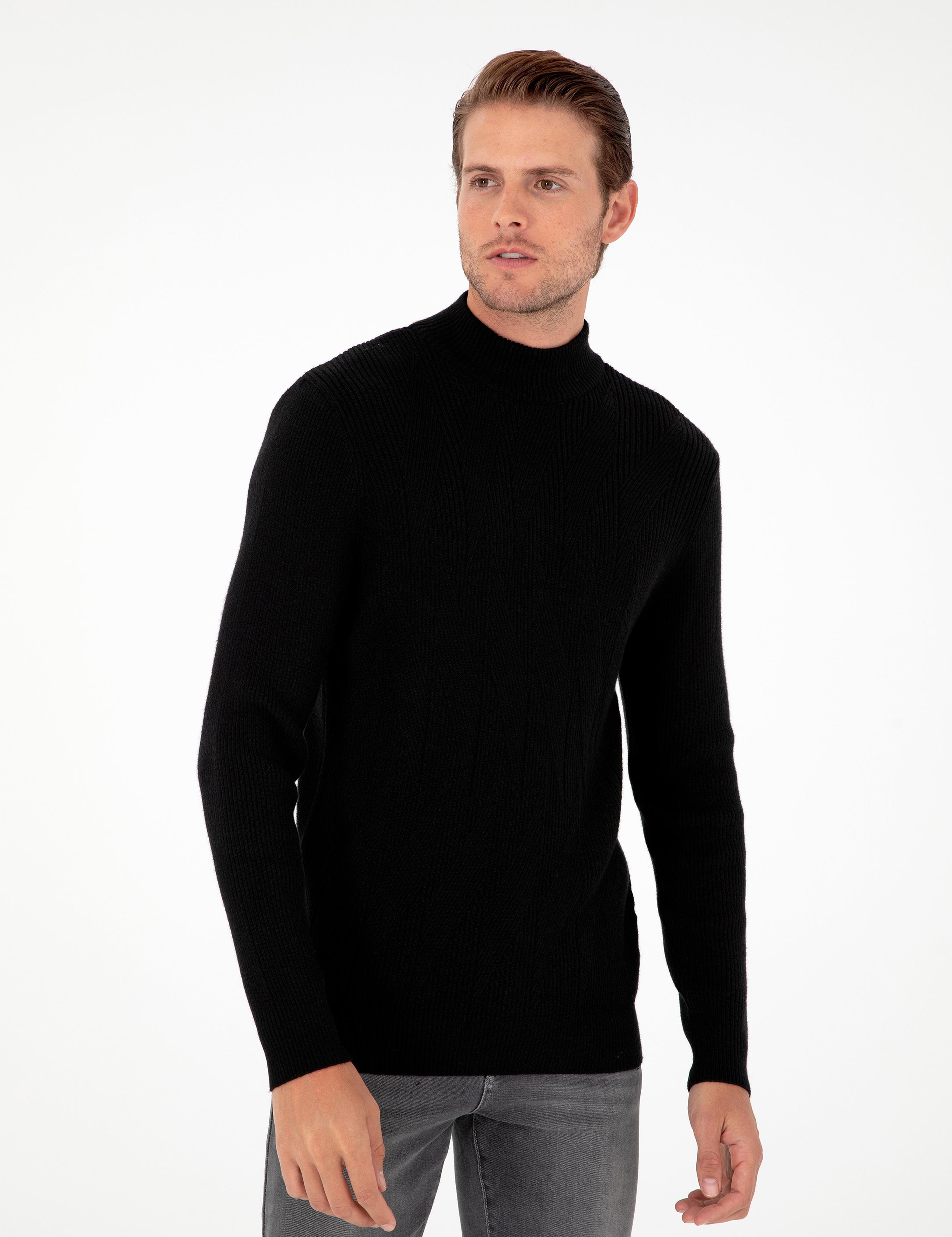 Siyah Slim Fit Yarım Balıkçı Yaka Yün Karışımlı Triko Kazak