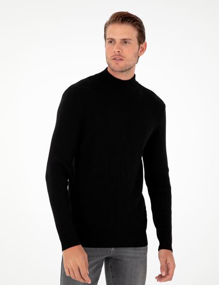 Siyah Slim Fit Yarım Balıkçı Yaka Yün Karışımlı Triko Kazak - 50296462028