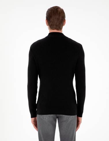 Siyah Slim Fit Yarım Balıkçı Yaka Triko Kazak