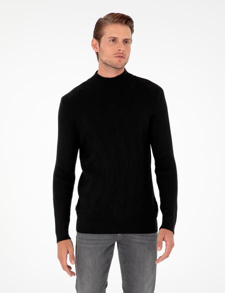 Siyah Slim Fit Yarım Balıkçı Yaka Yün Karışımlı Triko Kazak - 50296462028