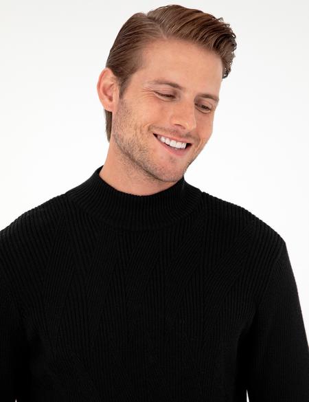 Siyah Slim Fit Yarım Balıkçı Yaka Yün Karışımlı Triko Kazak - 50296462028