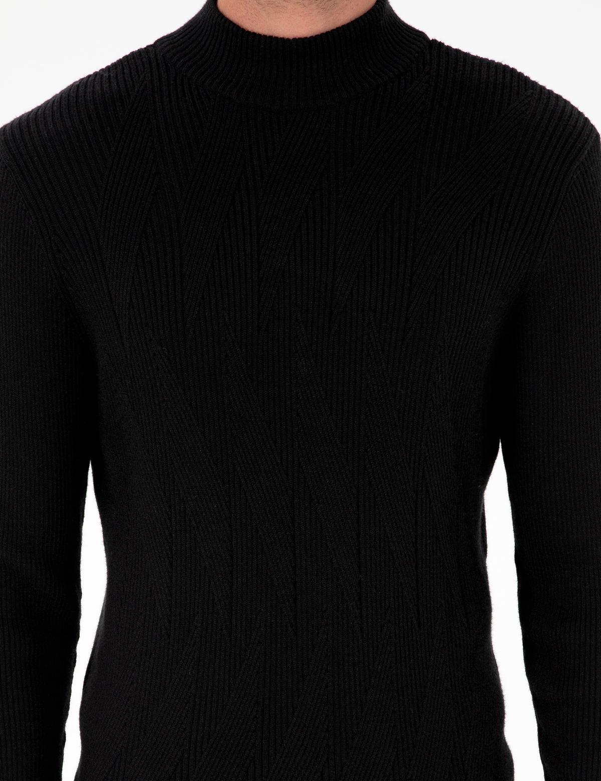 Siyah Slim Fit Yarım Balıkçı Yaka Yün Karışımlı Triko Kazak - 50296462028