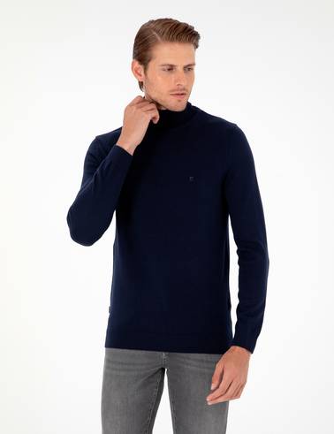 Lacivert Slim Fit Balıkçı Yaka Basic Triko Kazak