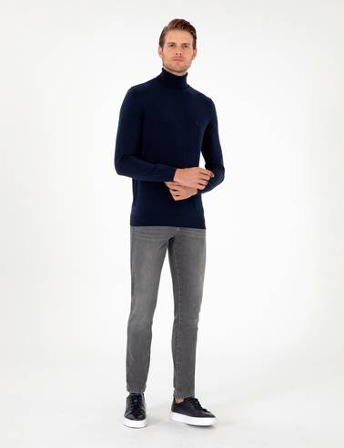 Lacivert Slim Fit Balıkçı Yaka Basic Triko Kazak