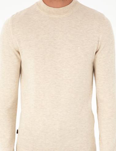 Krem Melanj Slim Fit Çeyrek Yaka Basic Triko Kazak