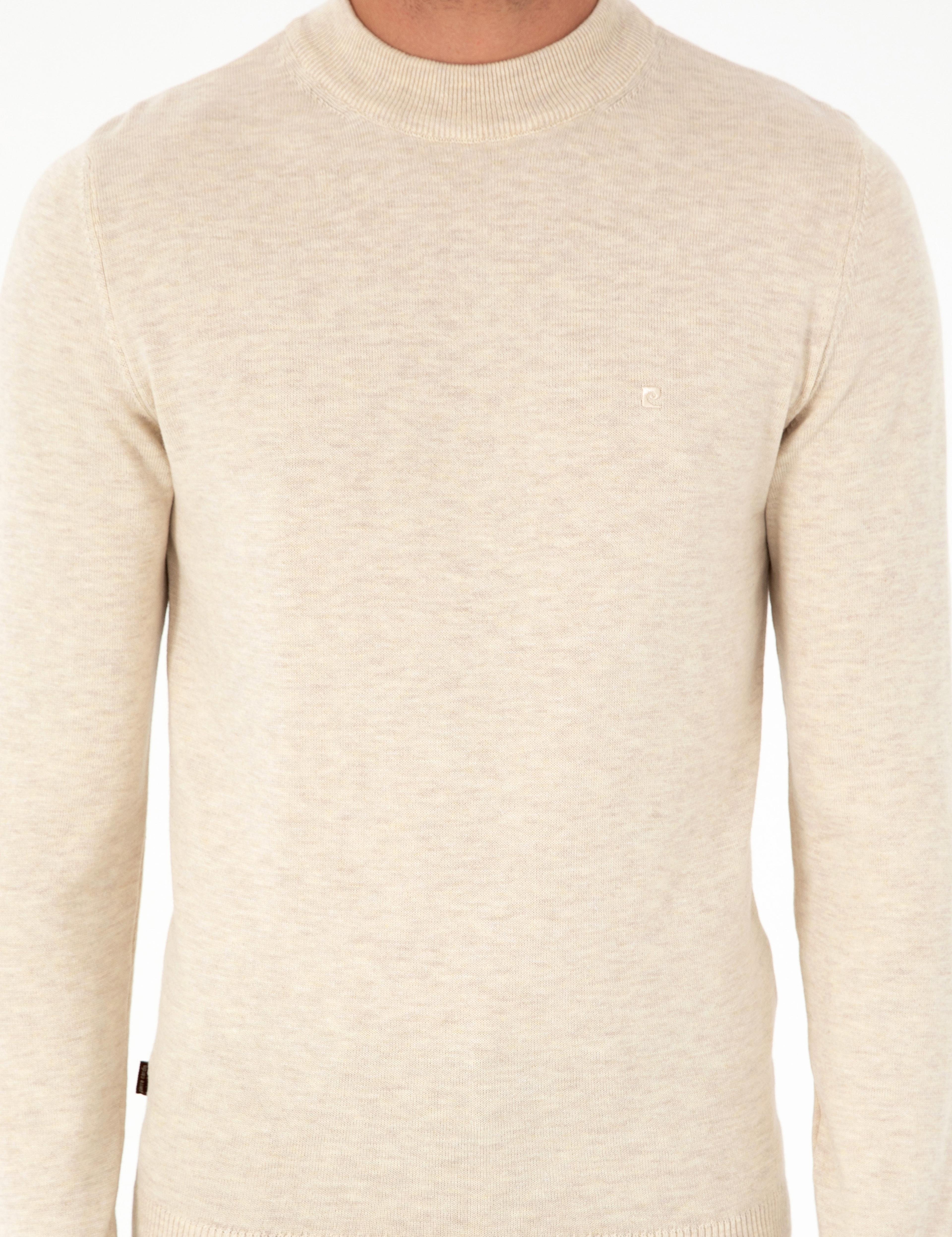 Krem Melanj Slim Fit Çeyrek Yaka Basic Triko Kazak - Image 6
