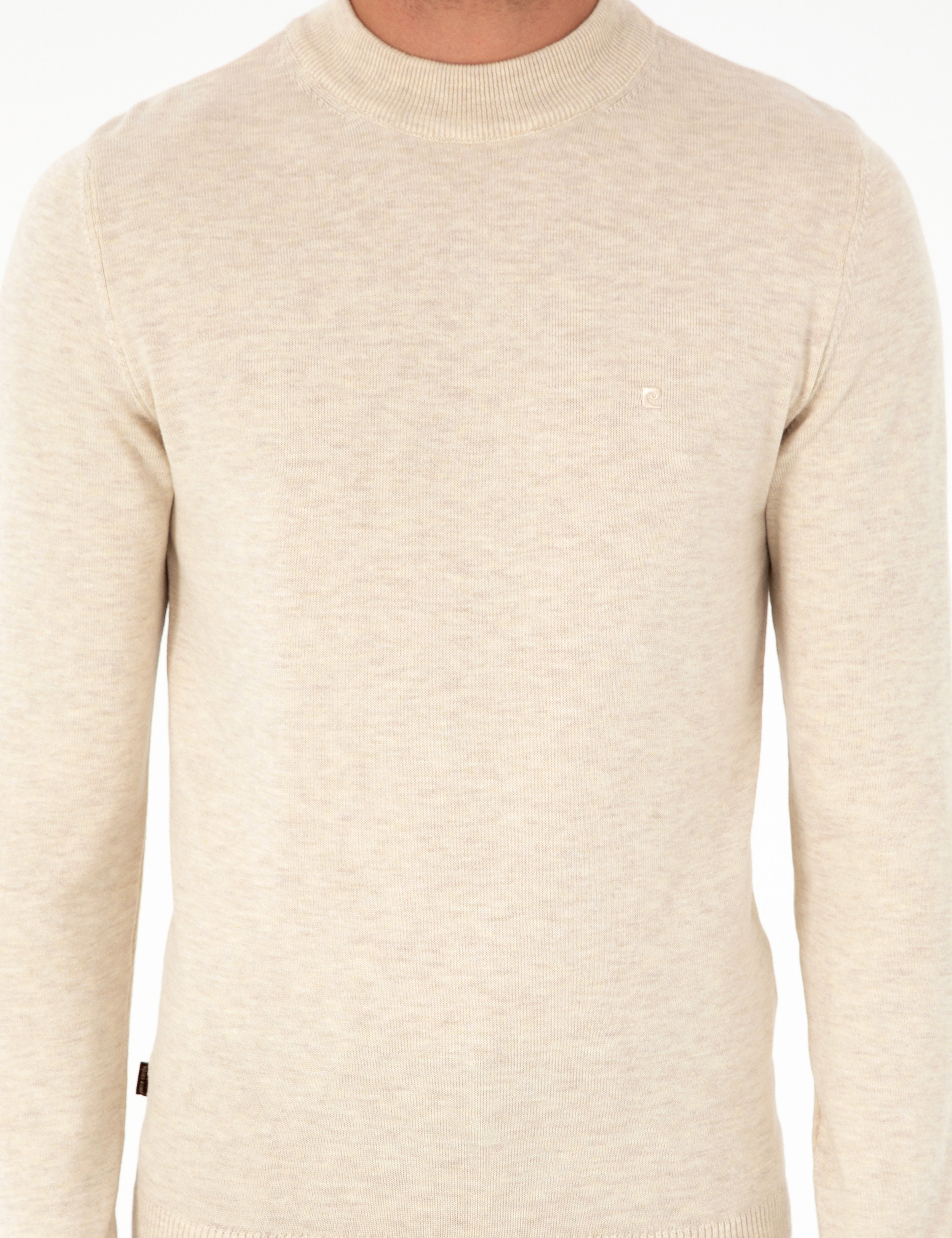 Krem Melanj Slim Fit Çeyrek Yaka Basic Triko Kazak