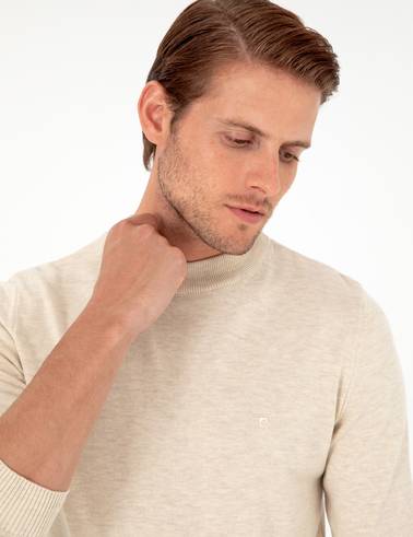 Krem Melanj Slim Fit Çeyrek Yaka Basic Triko Kazak