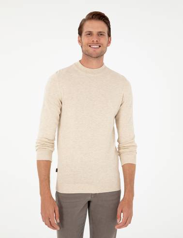 Krem Melanj Slim Fit Çeyrek Yaka Basic Triko Kazak
