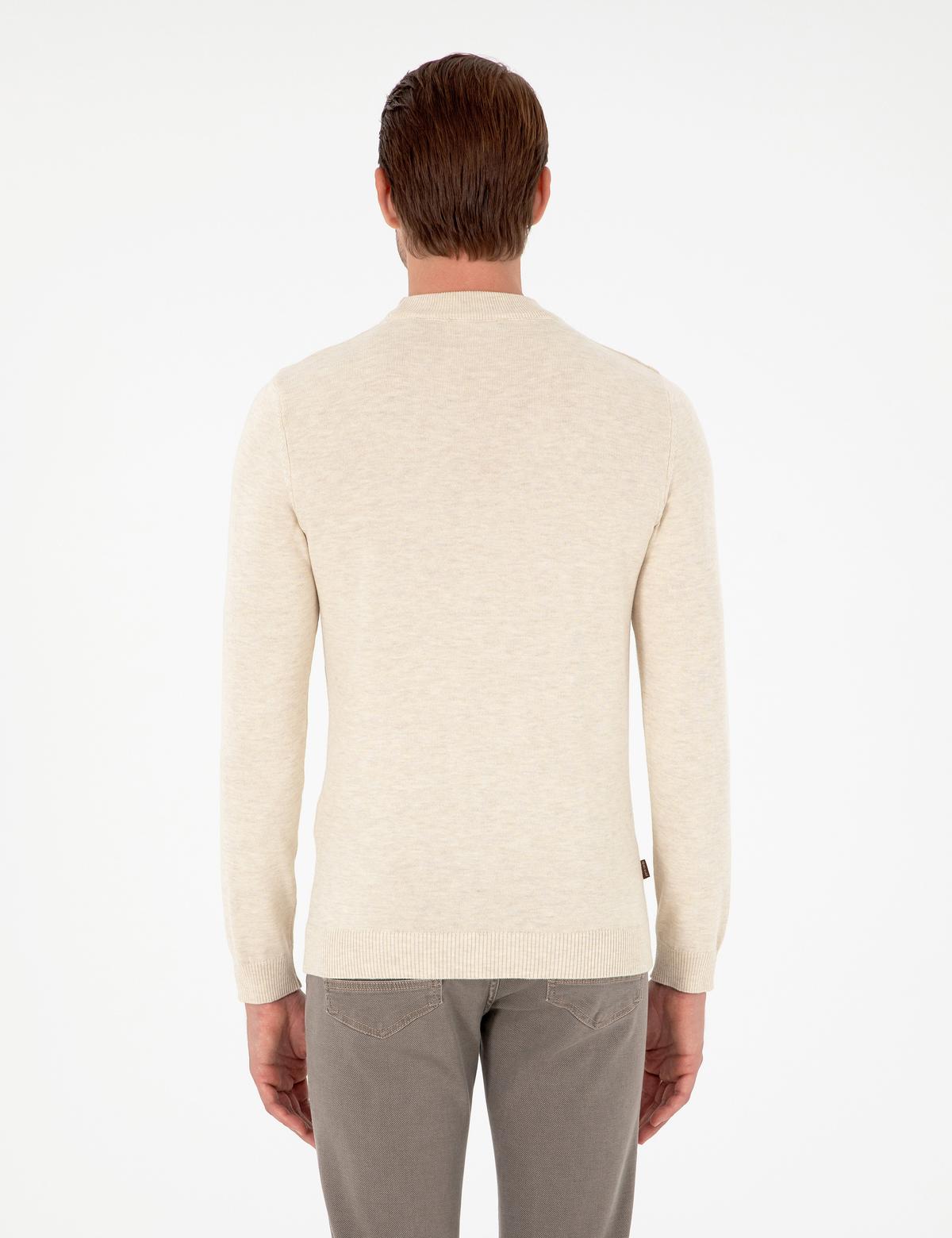 Krem Melanj Slim Fit Çeyrek Yaka Basic Triko Kazak - 50296564014