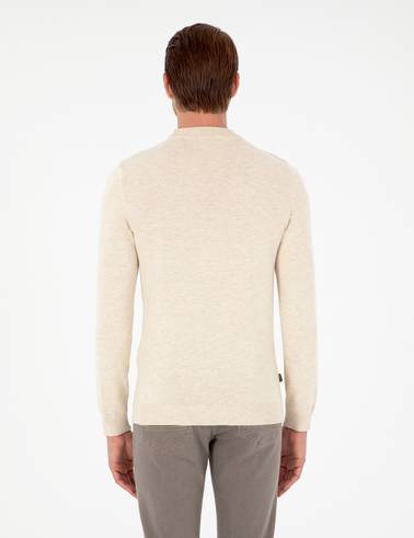 Krem Melanj Slim Fit Çeyrek Yaka Basic Triko Kazak