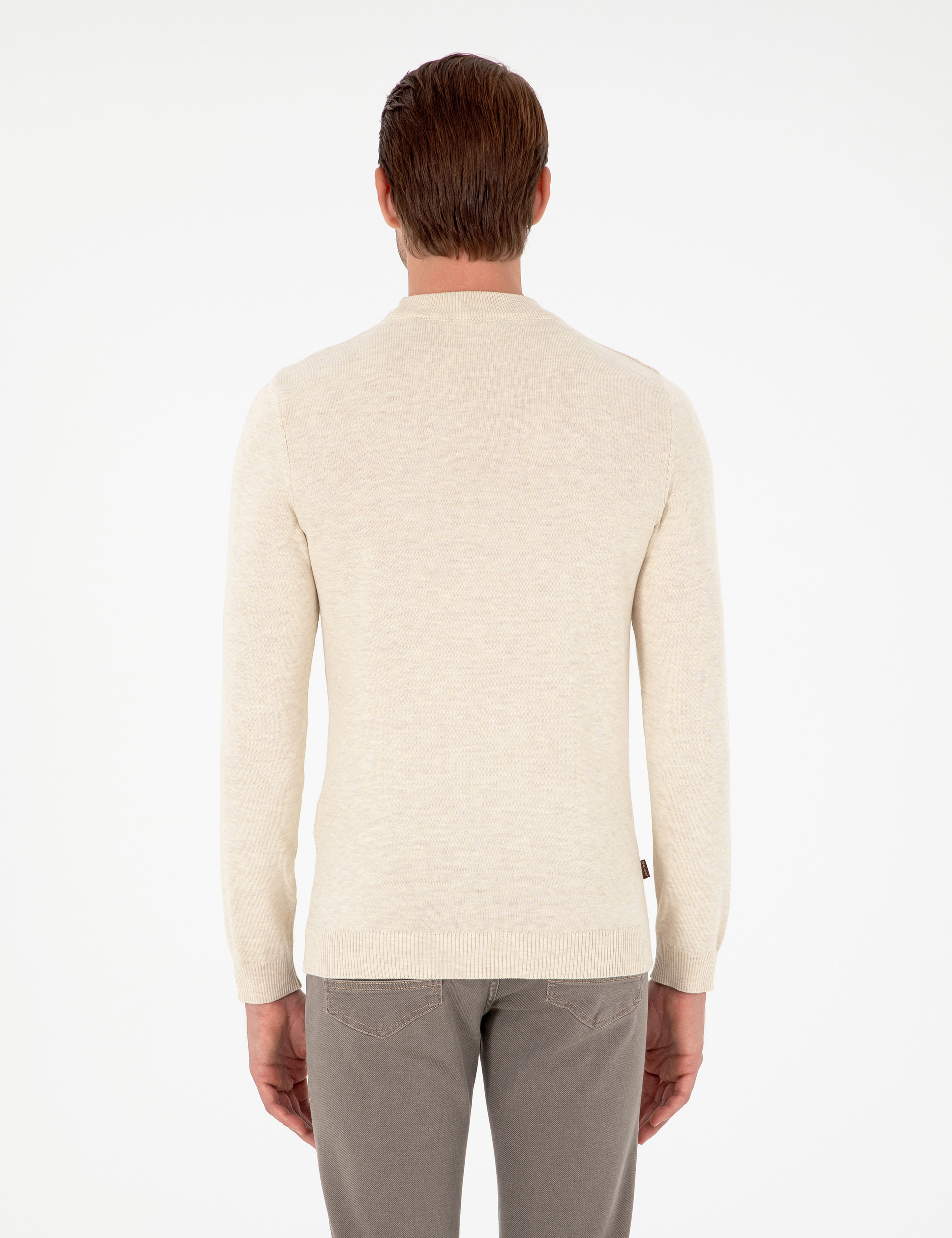 Krem Melanj Slim Fit Çeyrek Yaka Basic Triko Kazak - Image 5