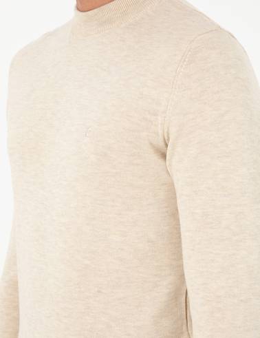 Krem Melanj Slim Fit Çeyrek Yaka Basic Triko Kazak