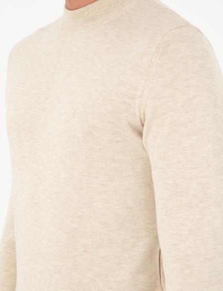 Krem Melanj Slim Fit Çeyrek Yaka Basic Triko Kazak - 50296564014