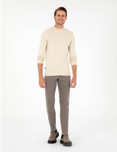 Krem Melanj Slim Fit Çeyrek Yaka Basic Triko Kazak