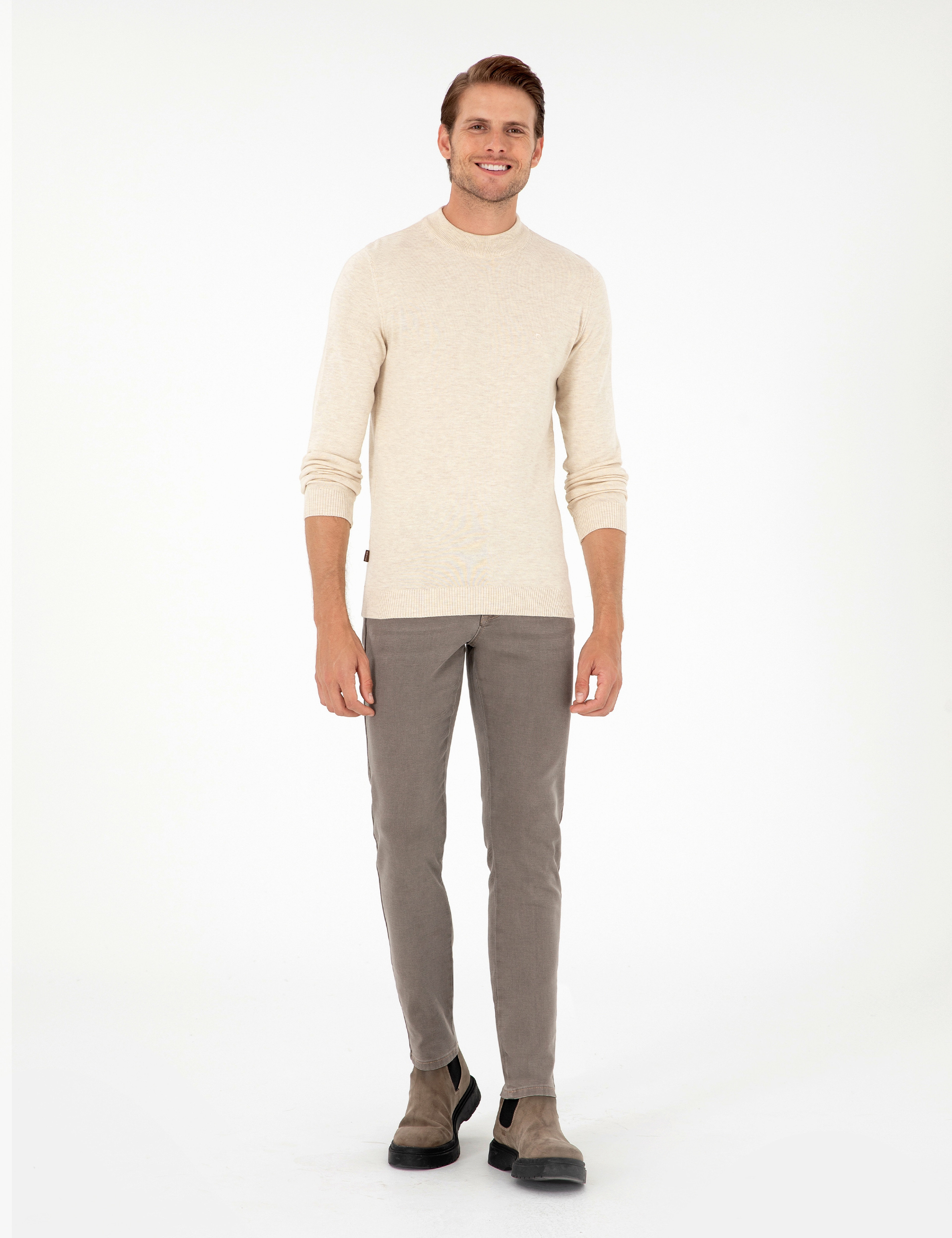 Krem Melanj Slim Fit Çeyrek Yaka Basic Triko Kazak - Image 4