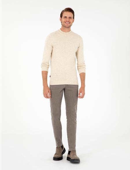 Krem Melanj Slim Fit Çeyrek Yaka Basic Triko Kazak - 50296564014