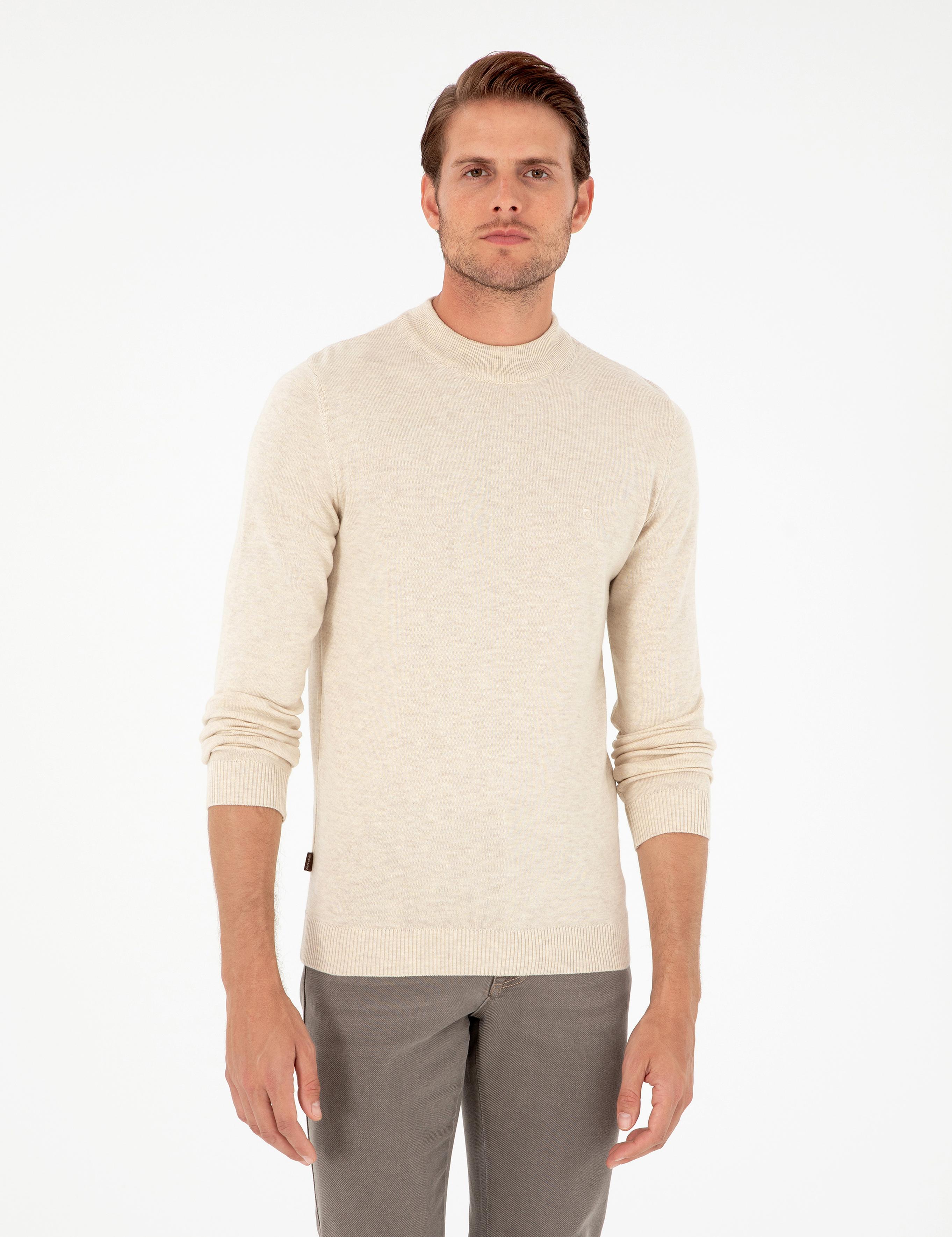 Krem Melanj Slim Fit Çeyrek Yaka Basic Triko Kazak