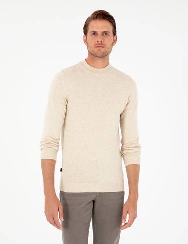 Krem Melanj Slim Fit Çeyrek Yaka Basic Triko Kazak