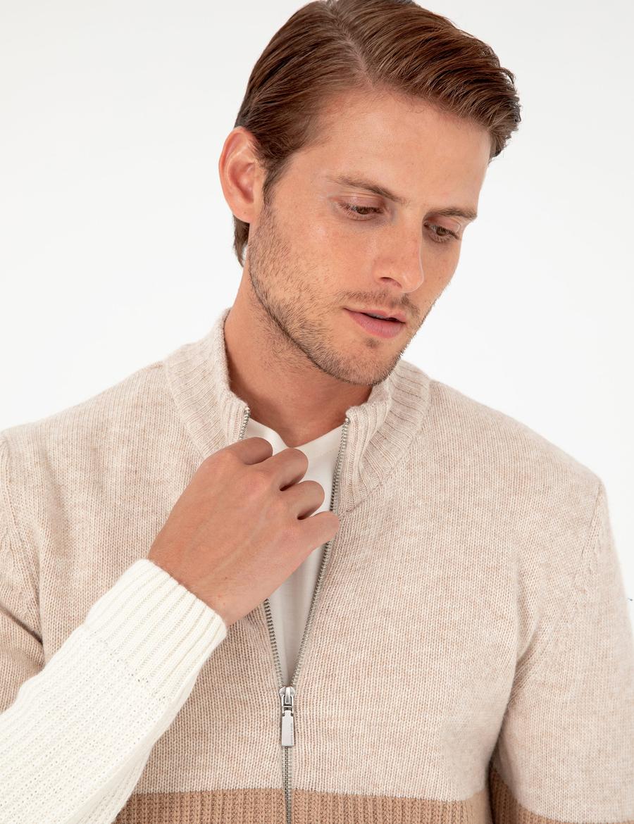 Ekru Regular Fit Yün Karışımlı Fermuarlı Triko Hırka