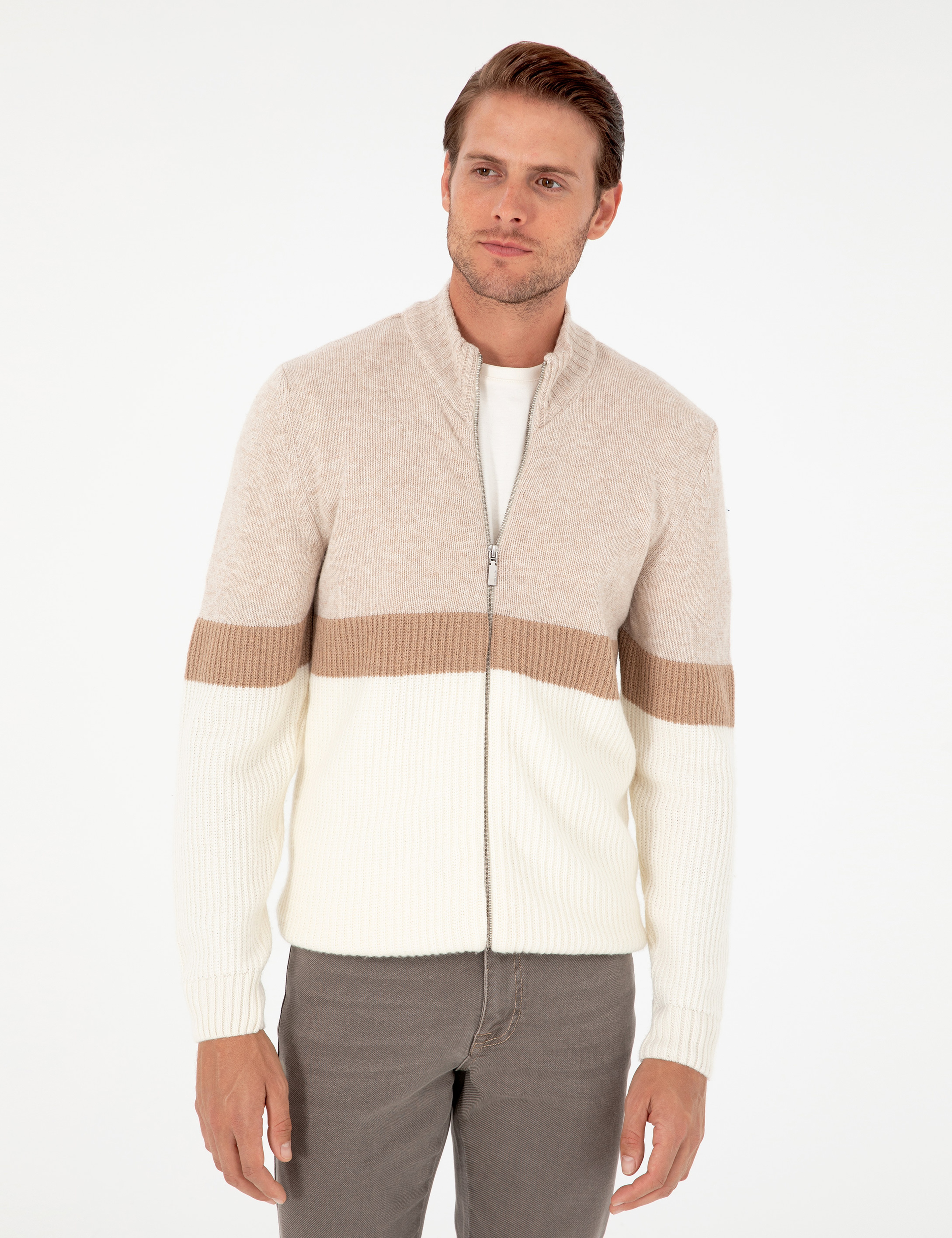 Ekru Regular Fit Yün Karışımlı Fermuarlı Triko Hırka - Image 3