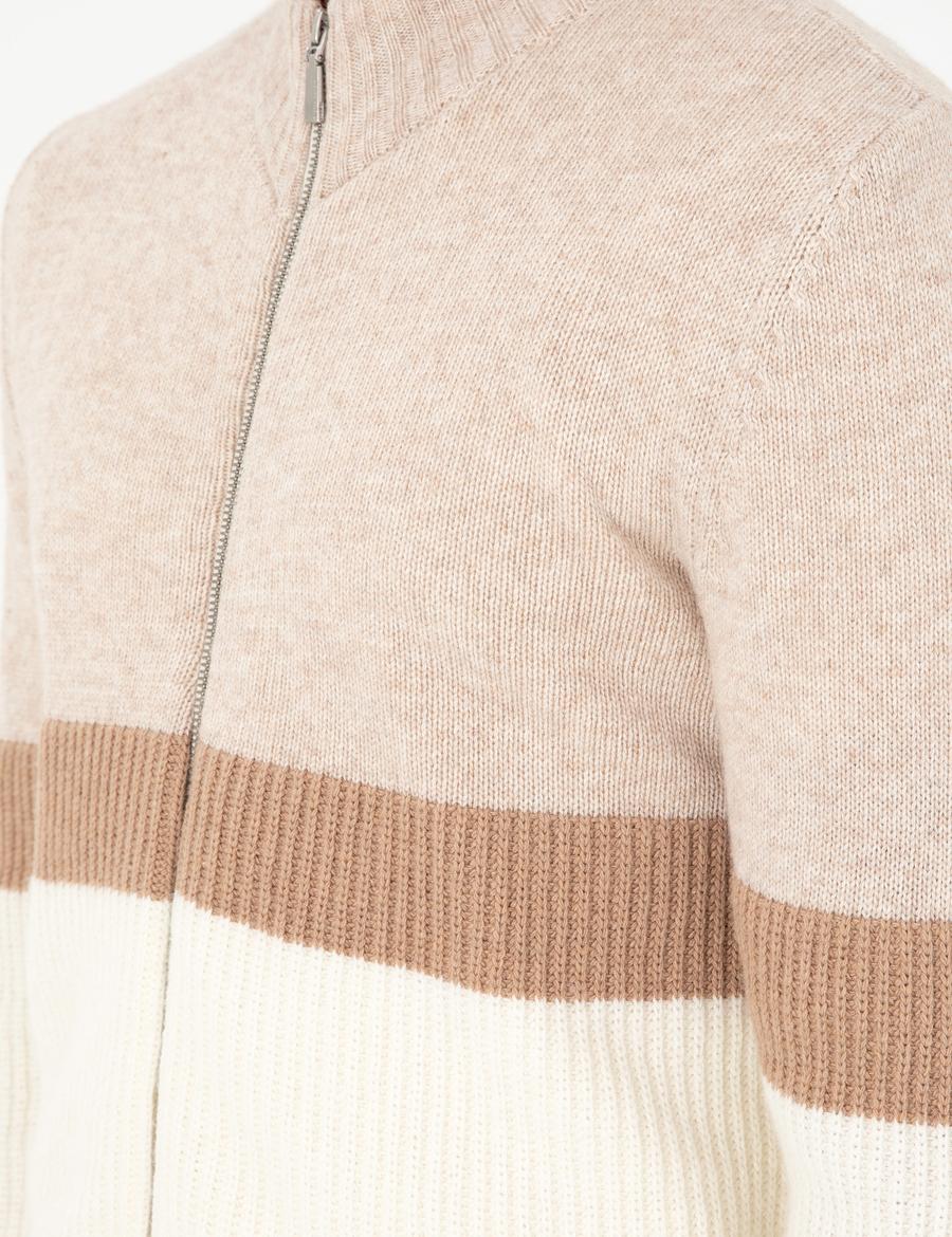 Ekru Regular Fit Yün Karışımlı Fermuarlı Triko Hırka