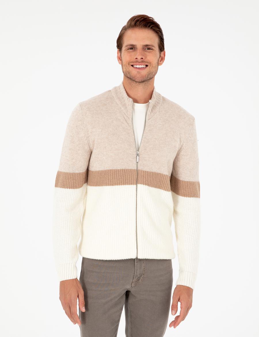 Ekru Regular Fit Yün Karışımlı Fermuarlı Triko Hırka