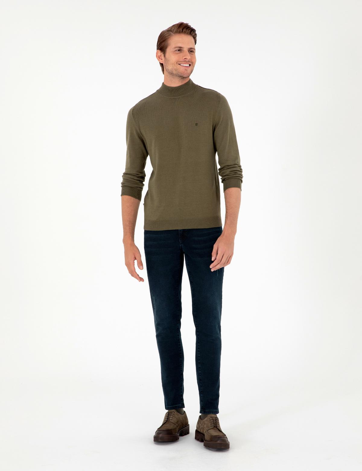 Koyu Haki Slim Fit Yarım Balıkçı Yaka Basic Triko Kazak - 50296614077