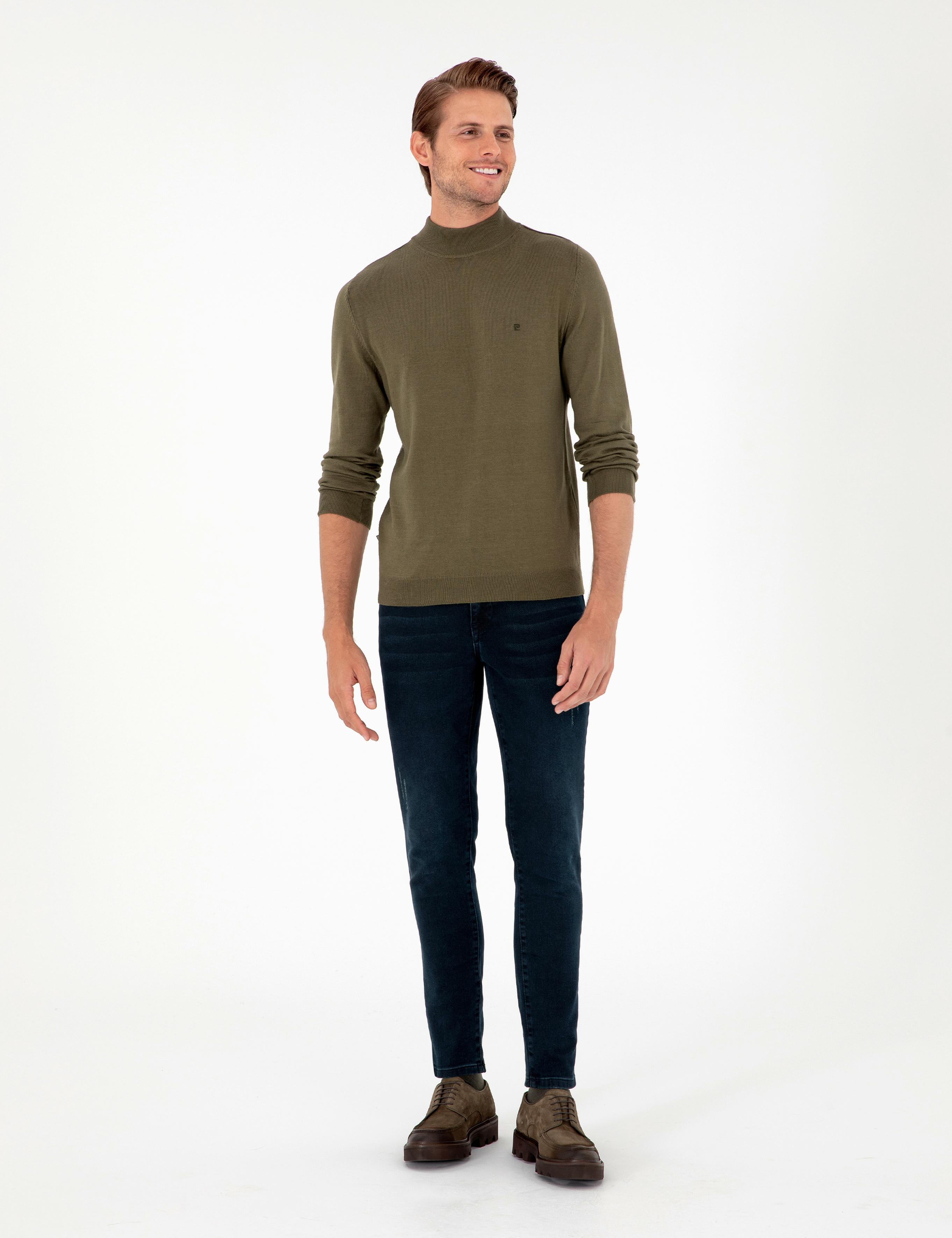 Koyu Haki Slim Fit Yarım Balıkçı Yaka Basic Triko Kazak